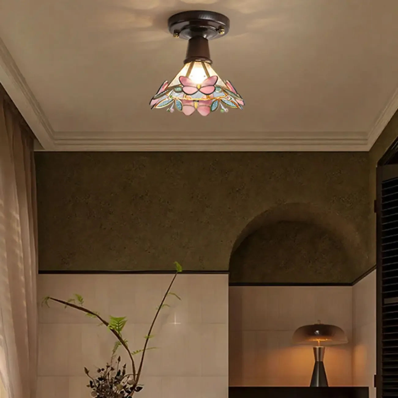 Plafonnier semi-encastré vintage en verre brun à motif floral, 1 lumière