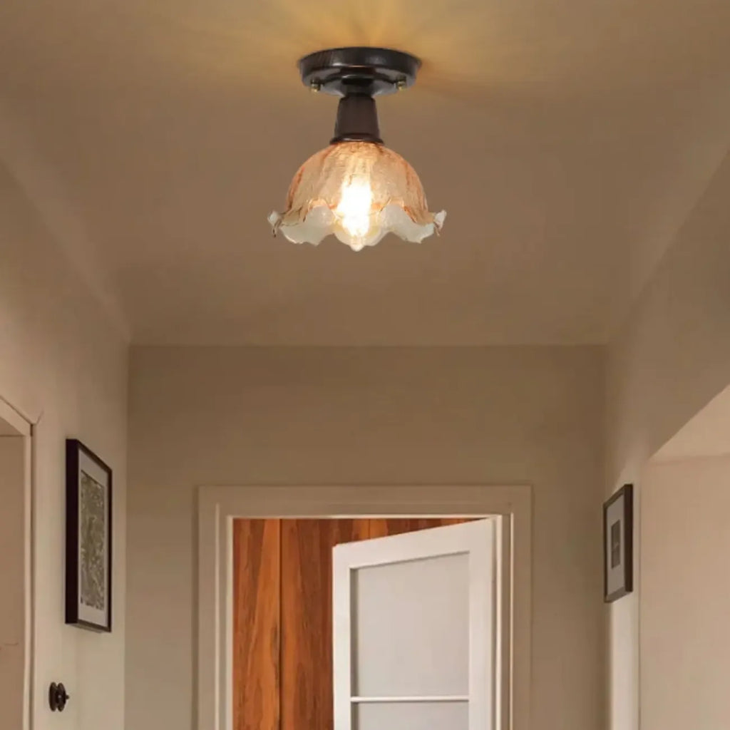 Plafonnier semi-encastré vintage en verre brun à motif floral, 1 lumière