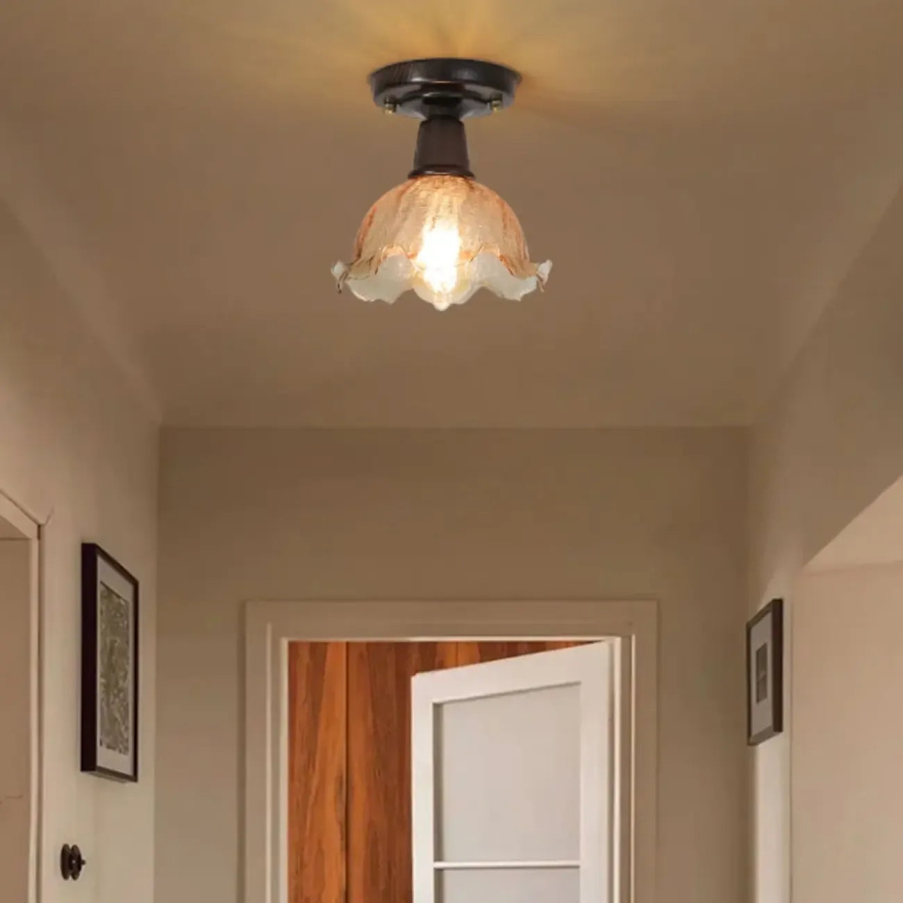 Plafonnier semi-encastré vintage en verre brun à motif floral, 1 lumière