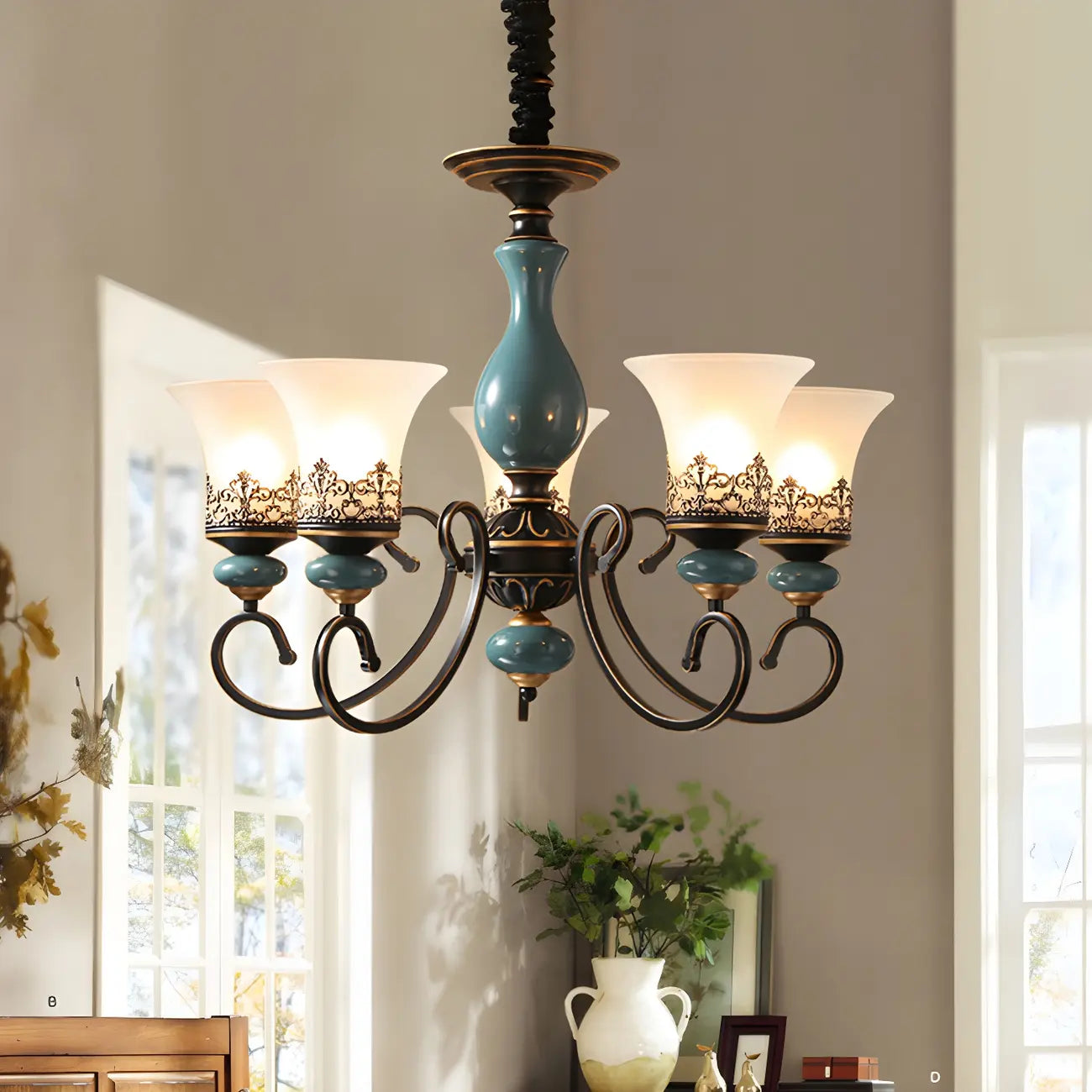 Lustre classique en céramique bleue et verre dépoli
