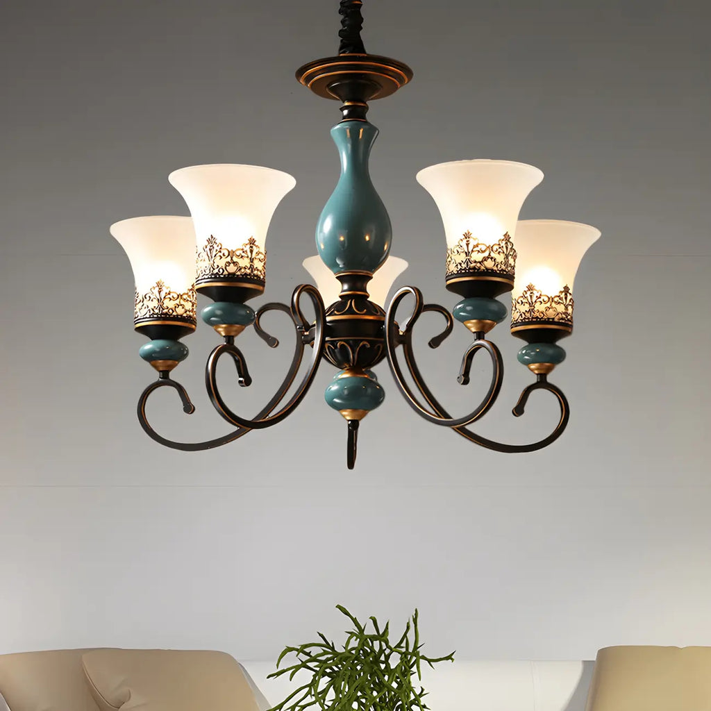 Lustre classique en céramique bleue et verre dépoli