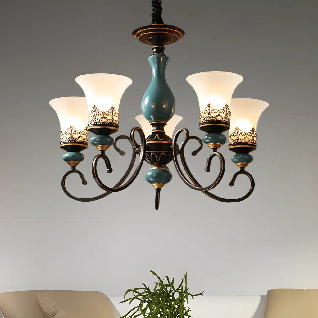 Lustre classique en céramique bleue et verre dépoli