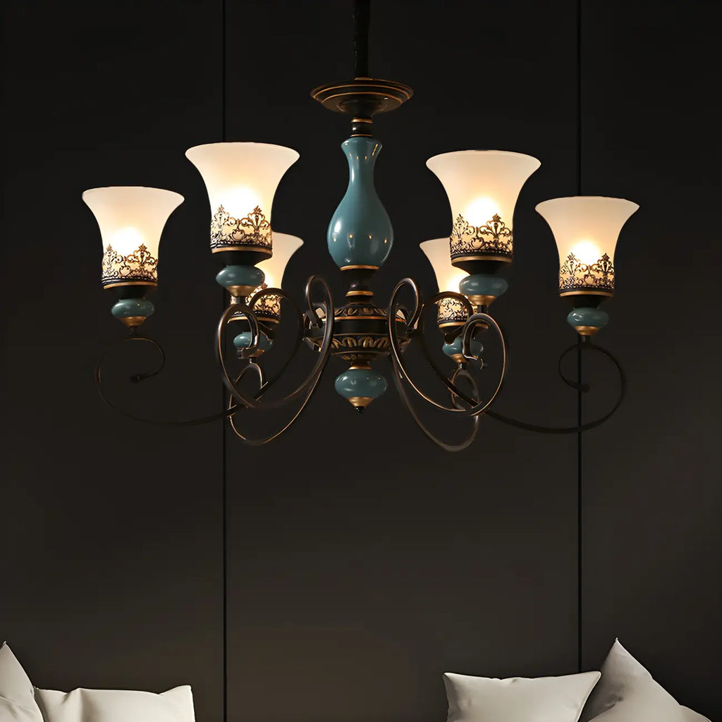 Lustre classique en céramique bleue et verre dépoli