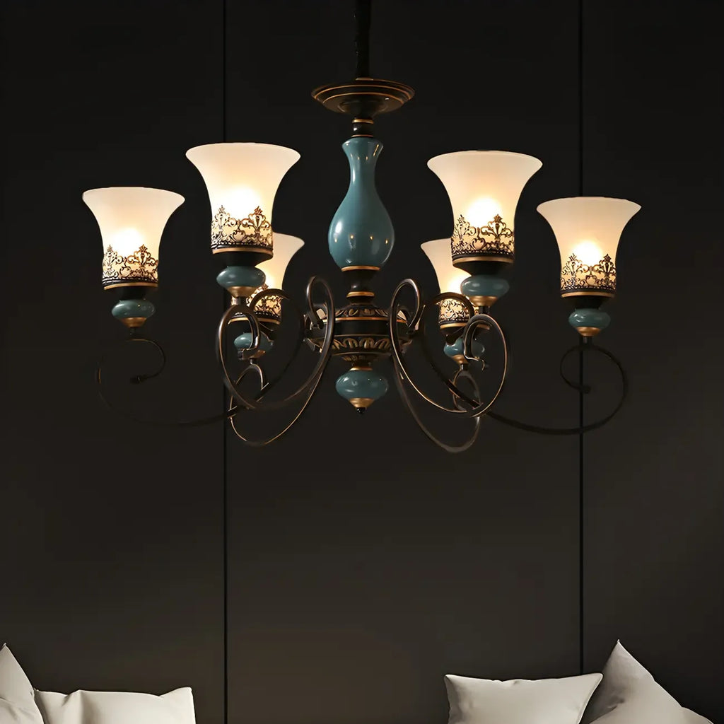 Lustre classique en céramique bleue et verre dépoli