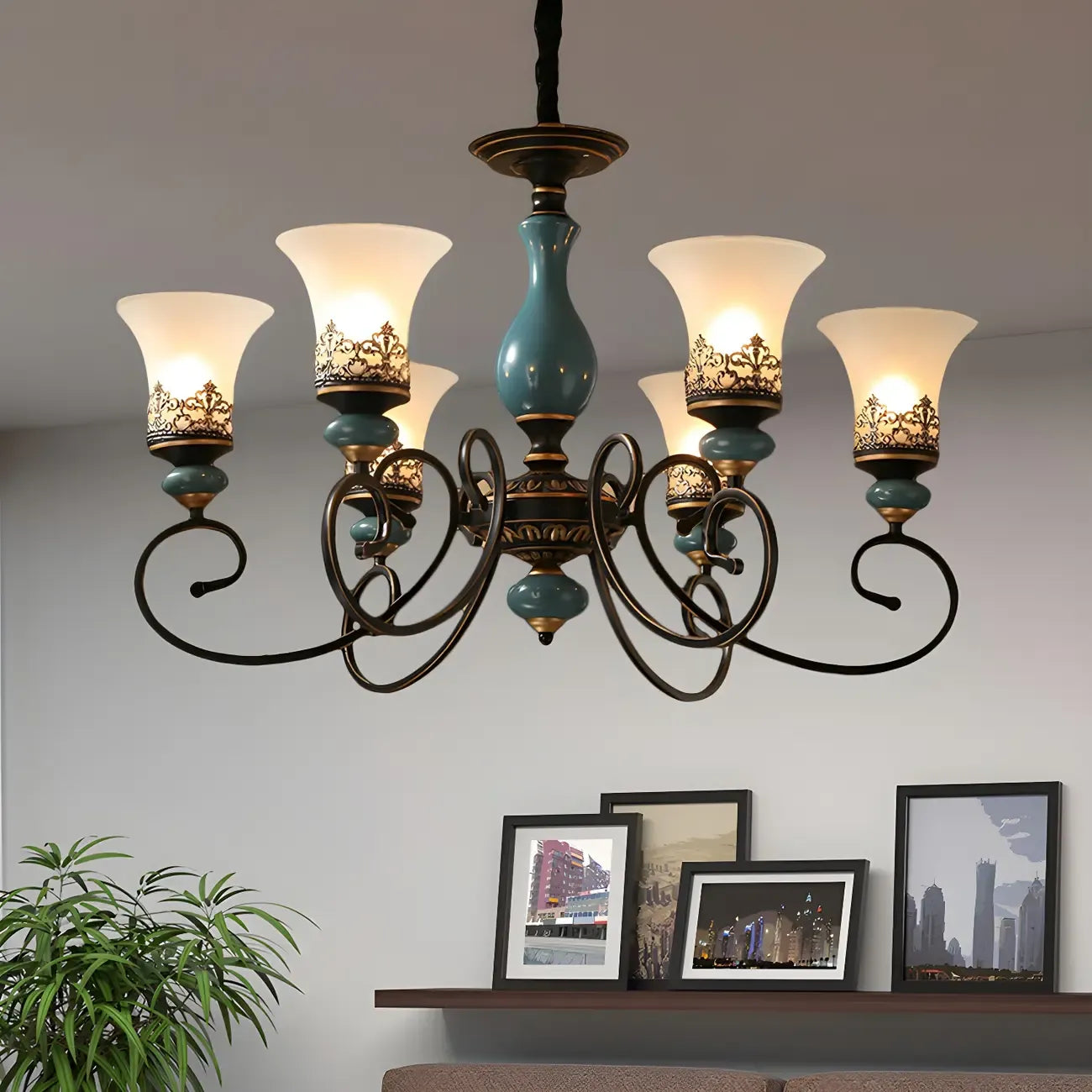 Lustre classique en céramique bleue et verre dépoli