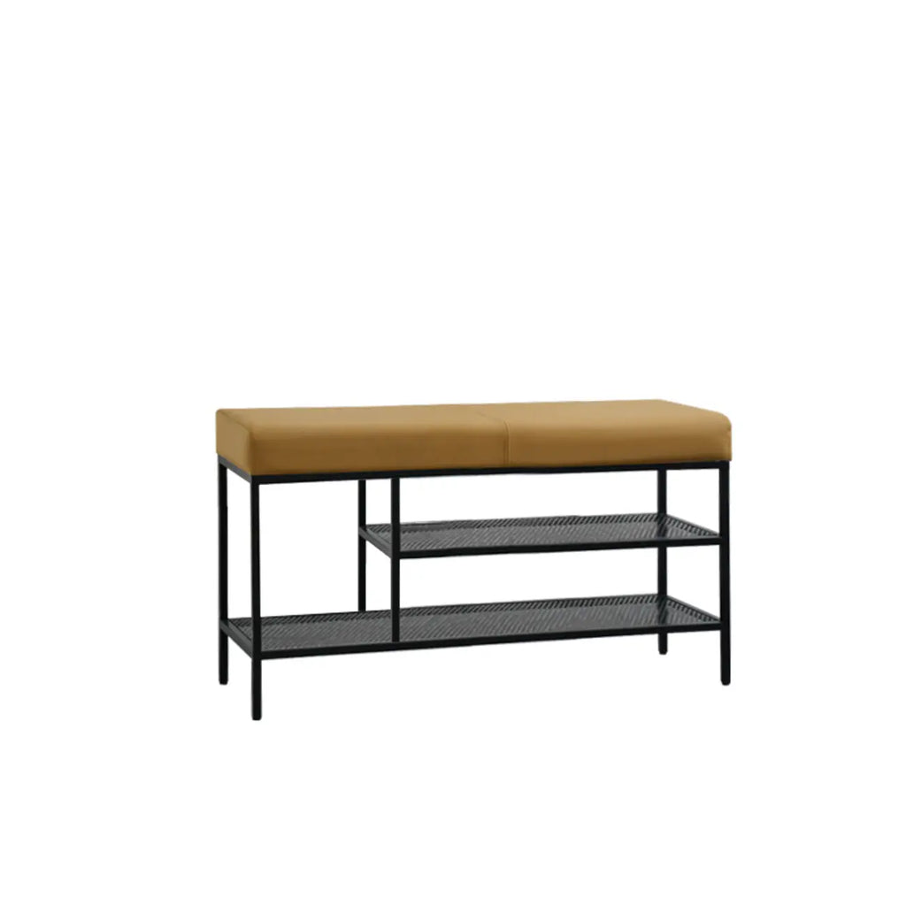 Banc d'entrée en métal avec rangement à chaussures et assise rembourrée