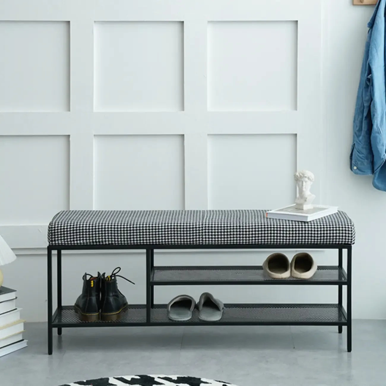 Banc d'entrée en métal avec rangement à chaussures et assise rembourrée
