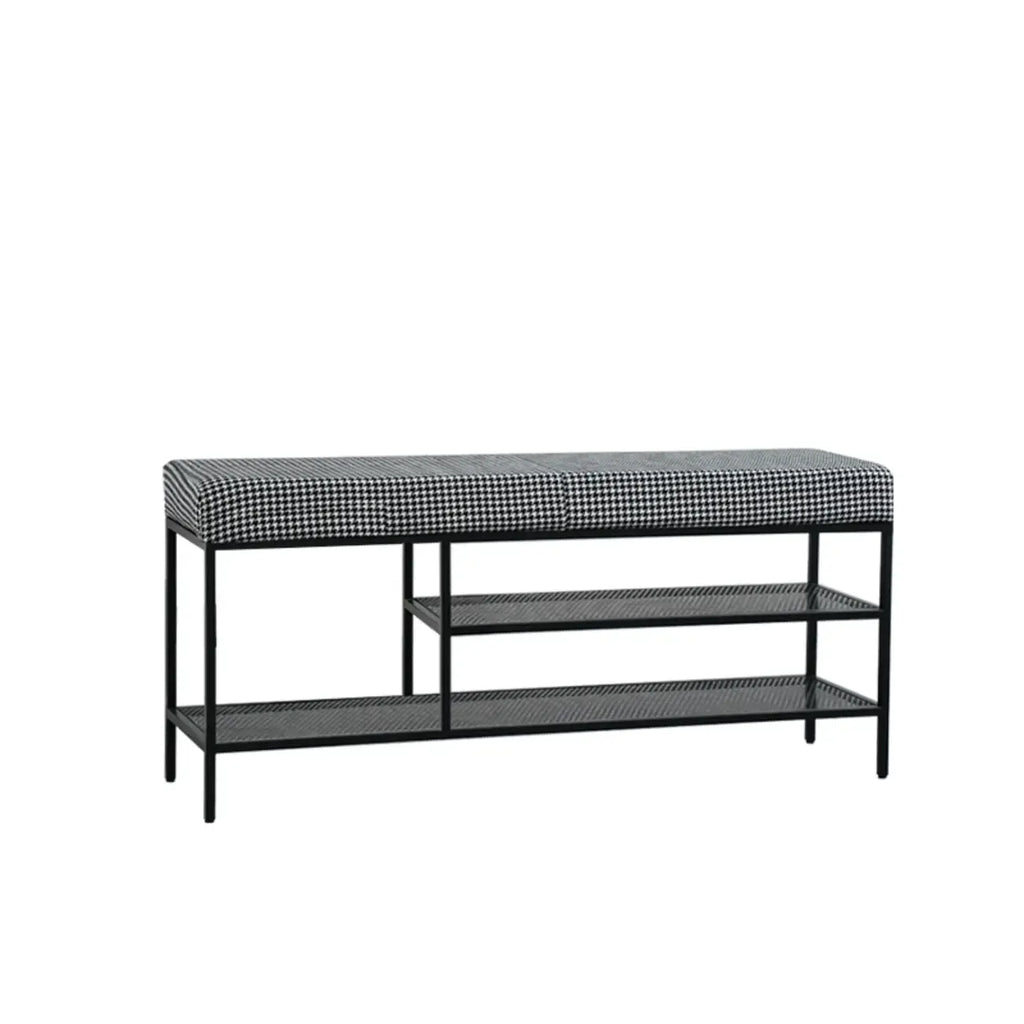 Banc d'entrée en métal avec rangement à chaussures et assise rembourrée