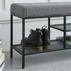 Banc d'entrée en métal avec rangement à chaussures et assise rembourrée