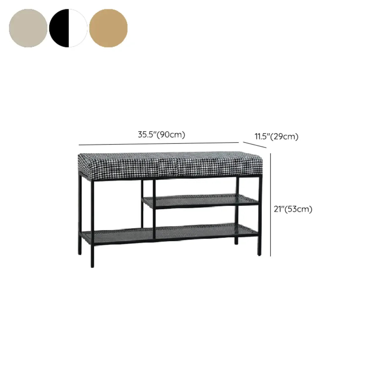 Banc d'entrée en métal avec rangement à chaussures et assise rembourrée
