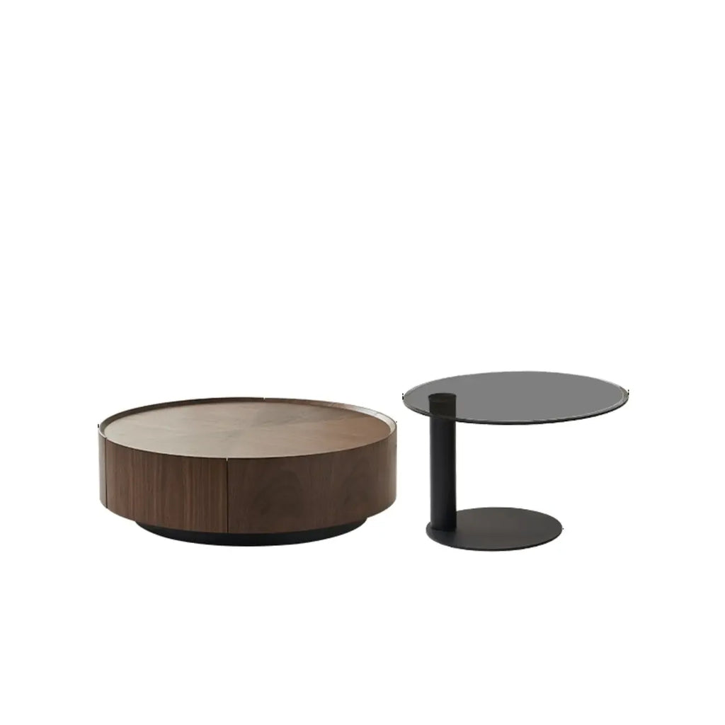 Table basse ronde moderne en bois avec piètement en acier