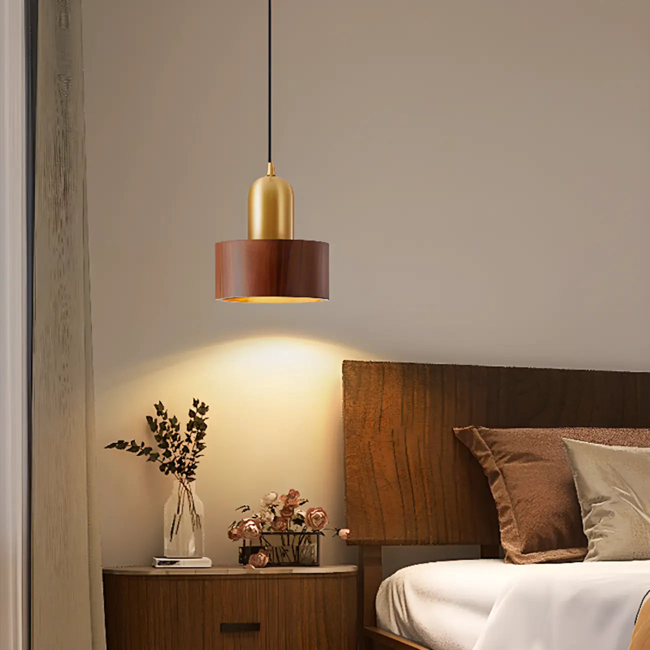 Suspension cylindrique en noyer massif avec cordon lumineux