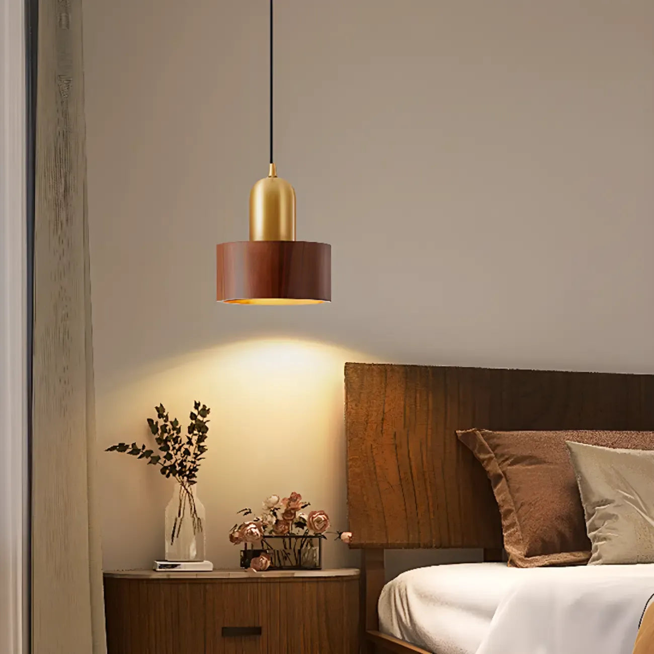 Suspension cylindrique en noyer massif avec cordon lumineux