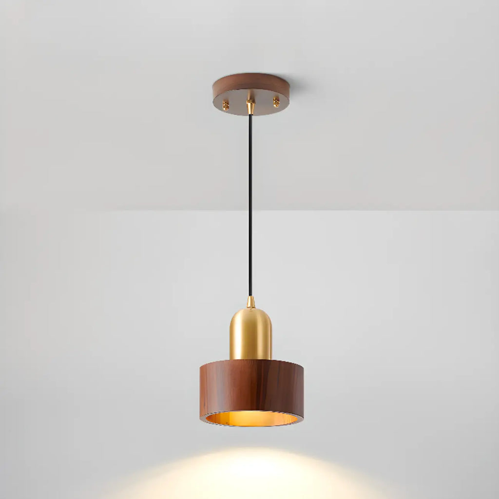 Suspension cylindrique en noyer massif avec cordon lumineux