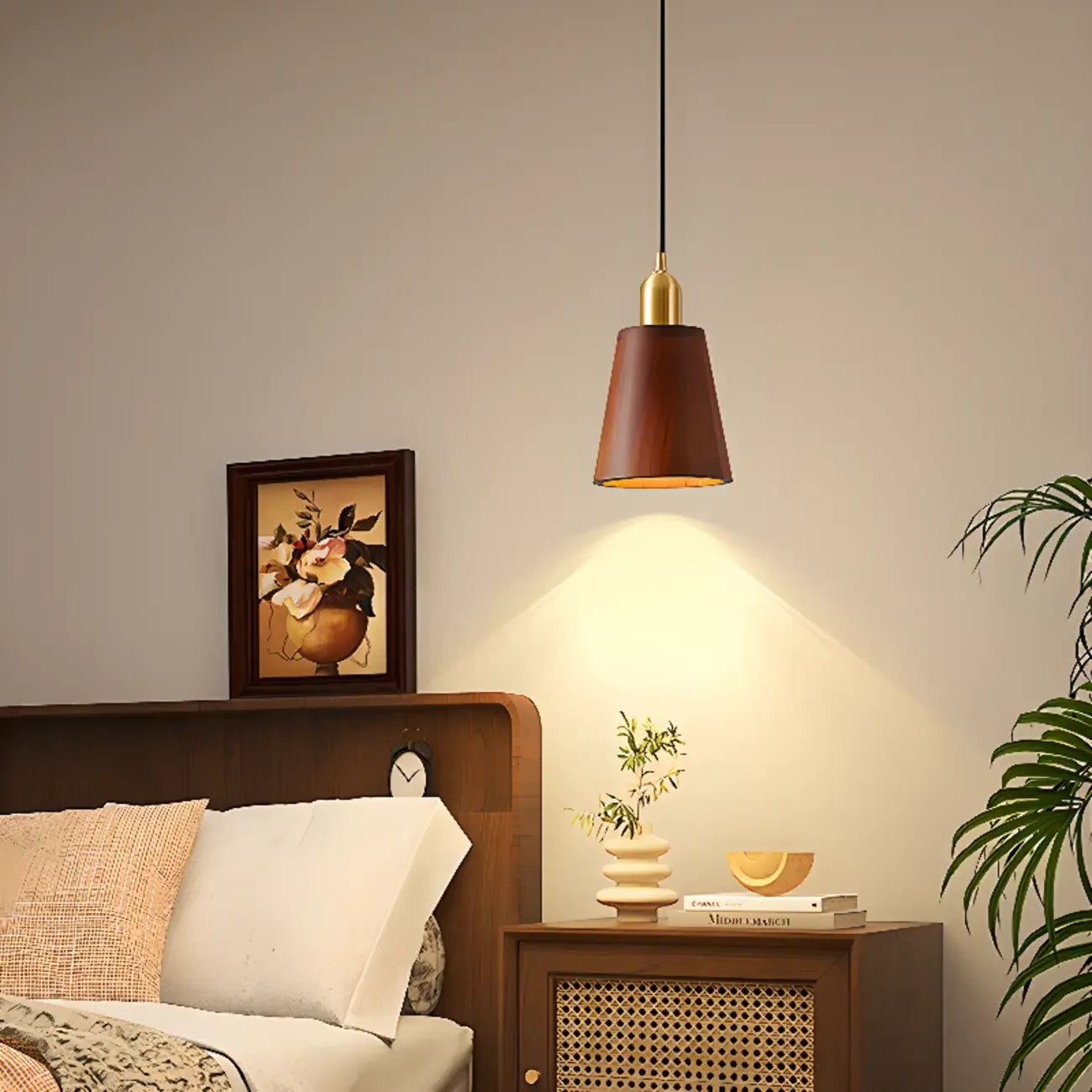Suspension cylindrique en noyer massif avec cordon lumineux