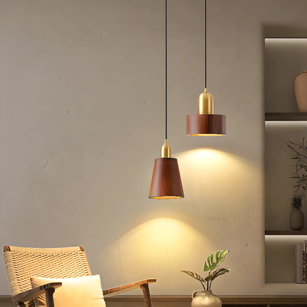 Suspension cylindrique en noyer massif avec cordon lumineux