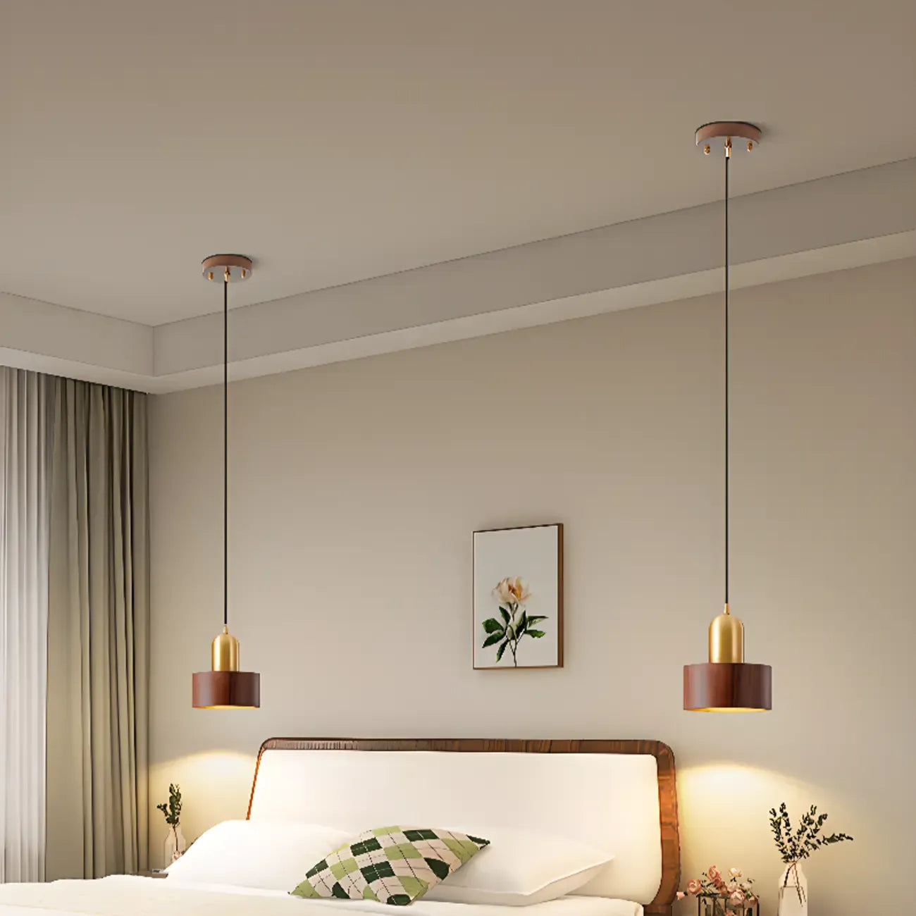 Suspension cylindrique en noyer massif avec cordon lumineux