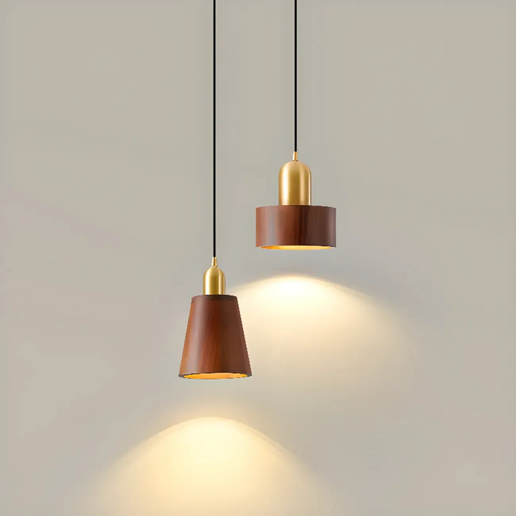 Suspension cylindrique en noyer massif avec cordon lumineux