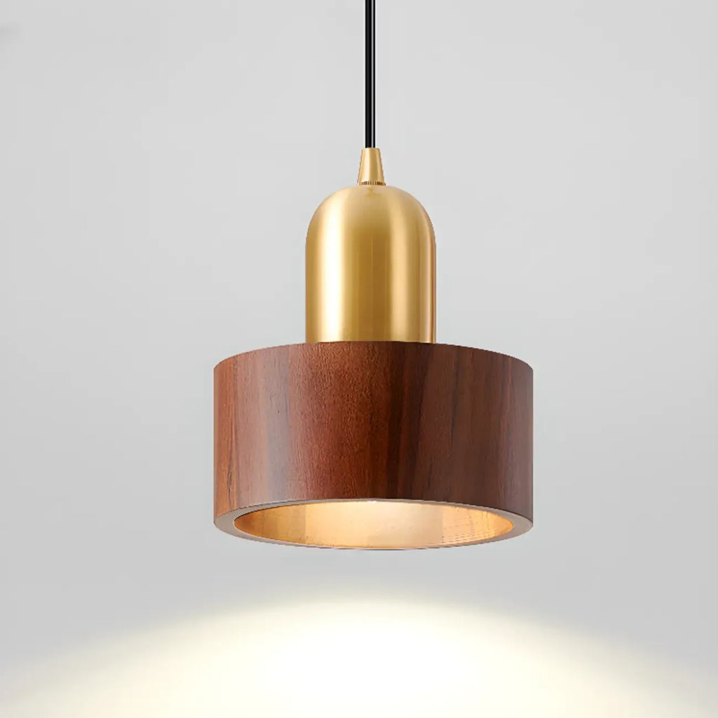 Suspension cylindrique en noyer massif avec cordon lumineux