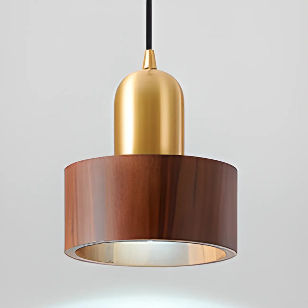 Suspension cylindrique en noyer massif avec cordon lumineux