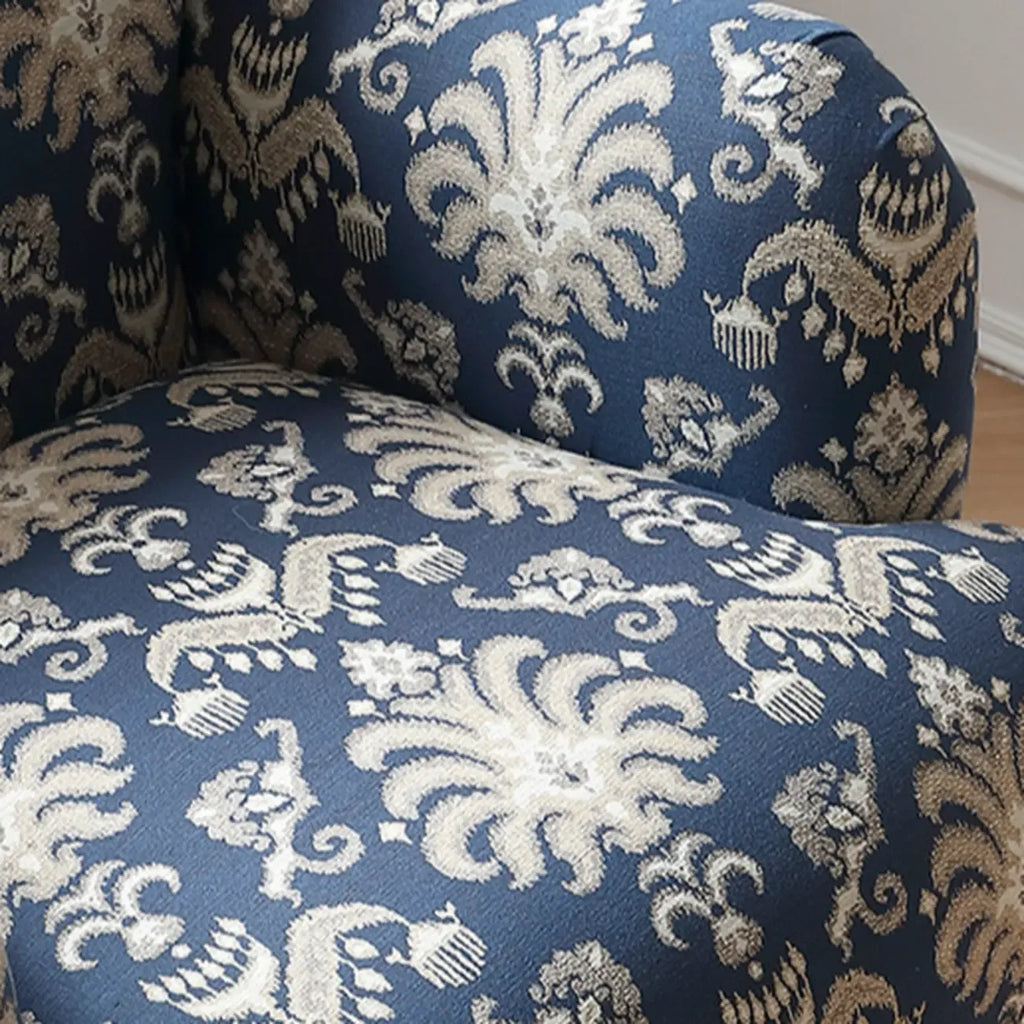 Fauteuil tonneau en tissu rayé bleu céruléen avec accoudoirs