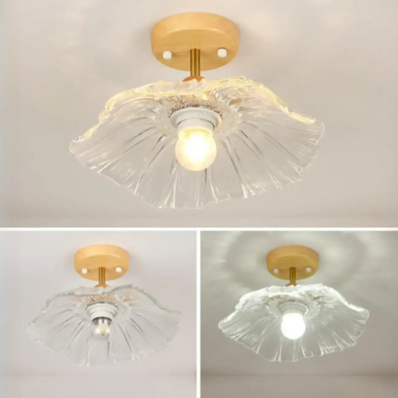 Plafonnier semi-encastré moderne en bois et verre transparent à motif floral