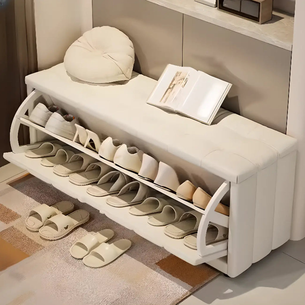 Banc à chaussures rembourré en bois avec étagères réglables et façade rabattable