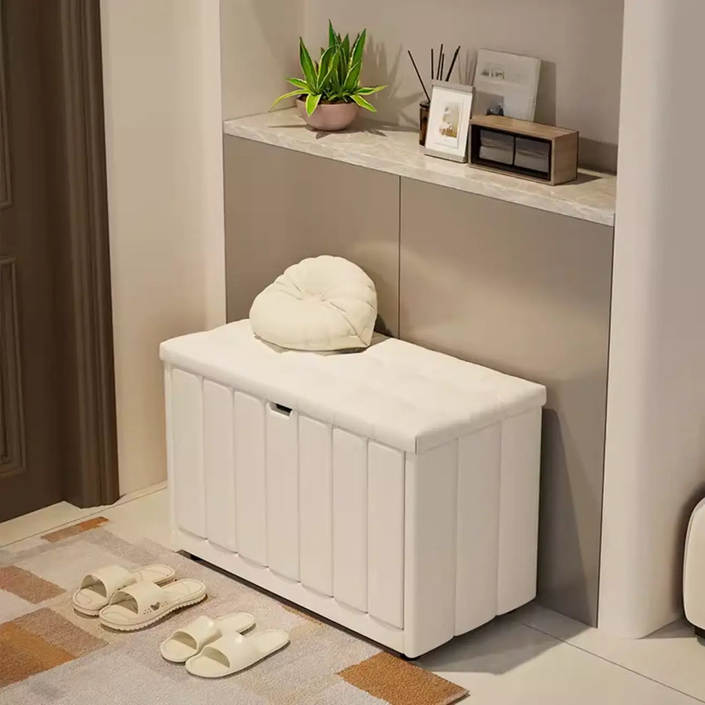 Banc à chaussures rembourré en bois avec étagères réglables et façade rabattable