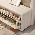 Banc à chaussures rembourré en bois avec étagères réglables et façade rabattable
