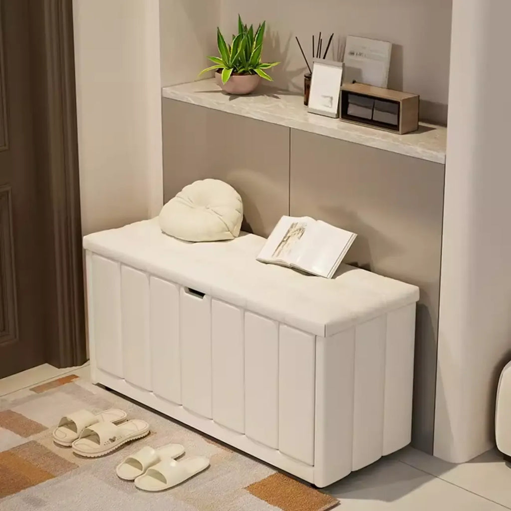 Banc à chaussures rembourré en bois avec étagères réglables et façade rabattable
