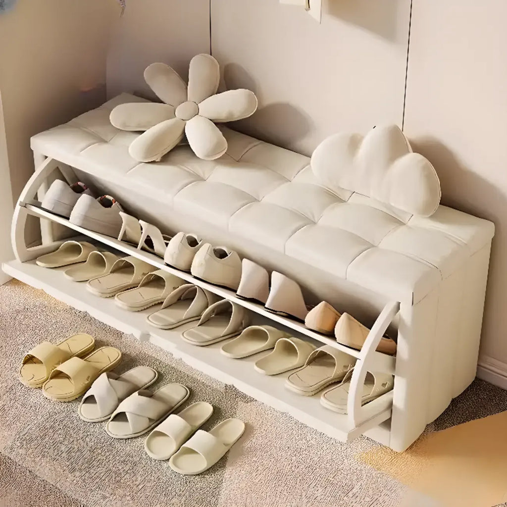 Banc à chaussures rembourré en bois avec étagères réglables et façade rabattable