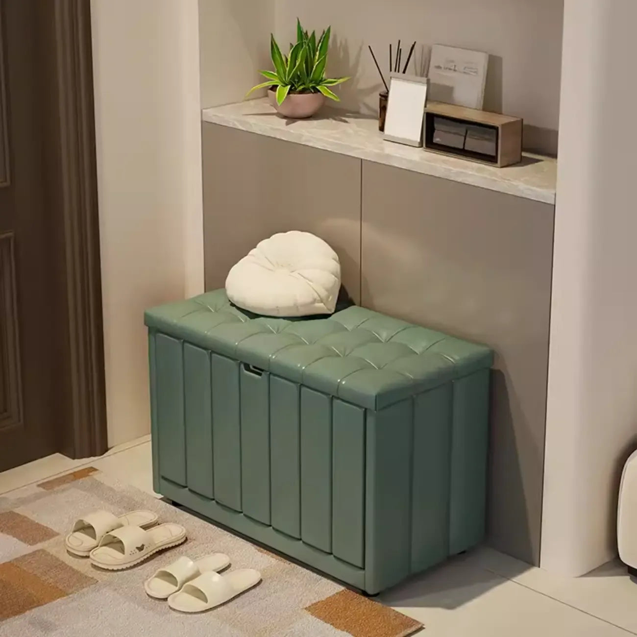 Banc à chaussures rembourré en bois avec étagères réglables et façade rabattable
