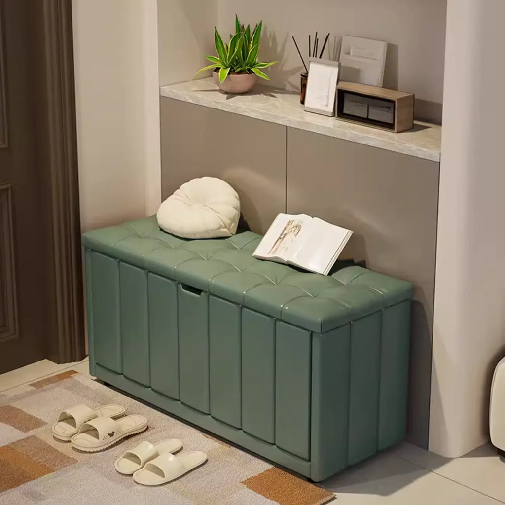 Banc à chaussures rembourré en bois avec étagères réglables et façade rabattable