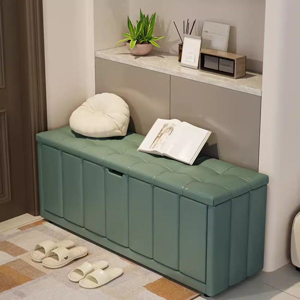 Banc à chaussures rembourré en bois avec étagères réglables et façade rabattable