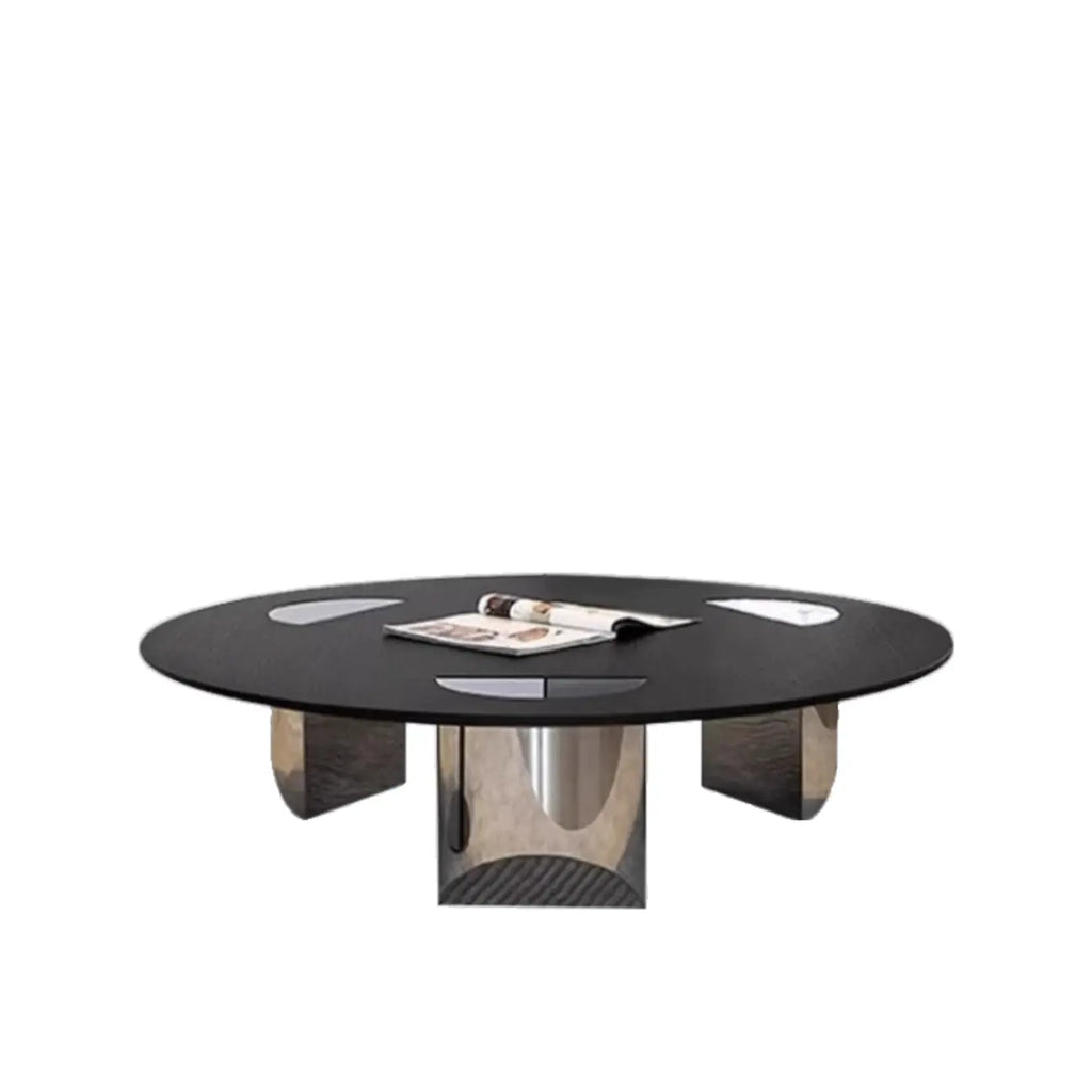 Table ronde Glam Wood noire avec piètement trépied abstrait