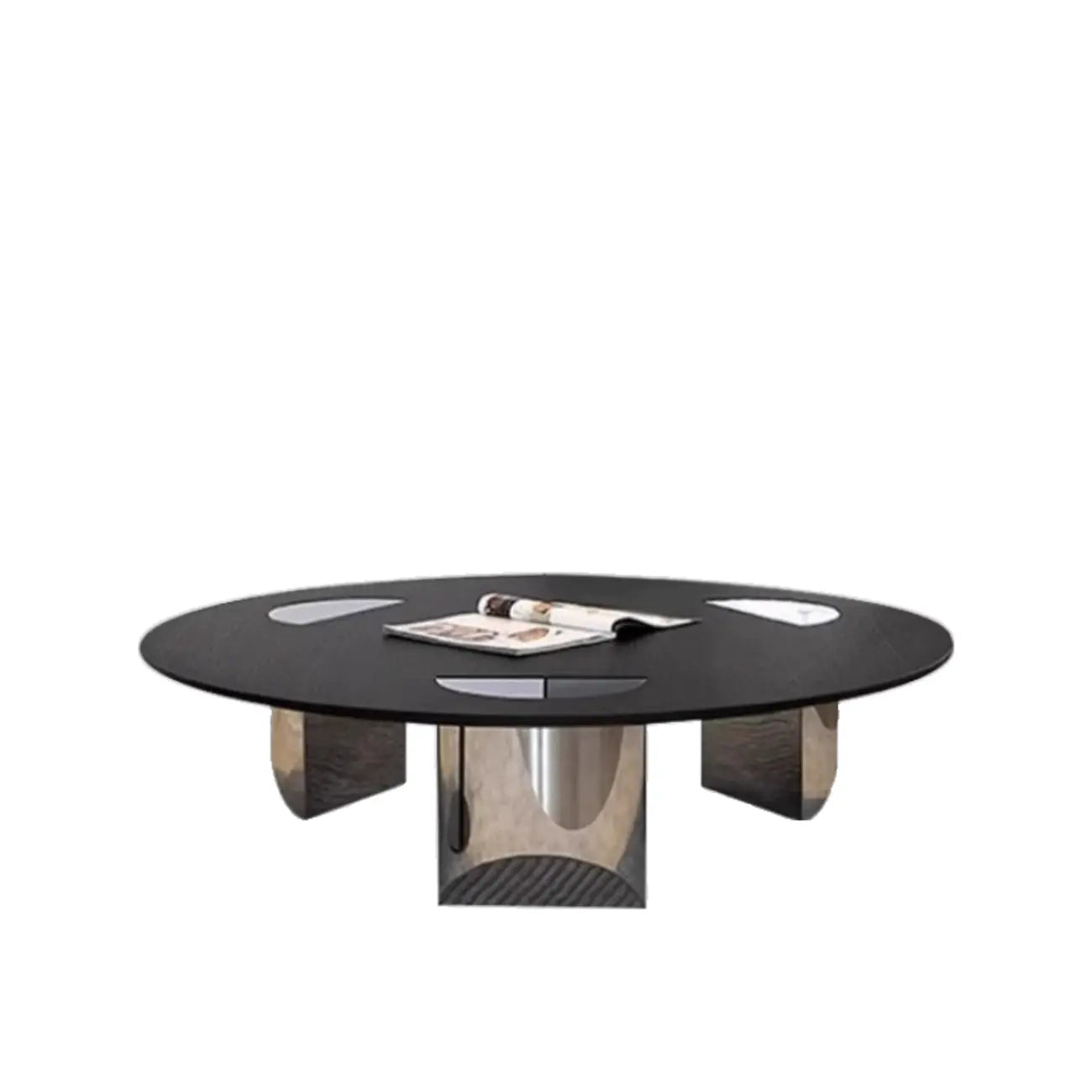 Table ronde Glam Wood noire avec piètement trépied abstrait
