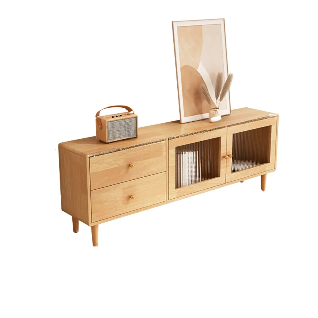 Meuble TV en bois naturel de 55 pouces avec tiroirs et gestion des câbles