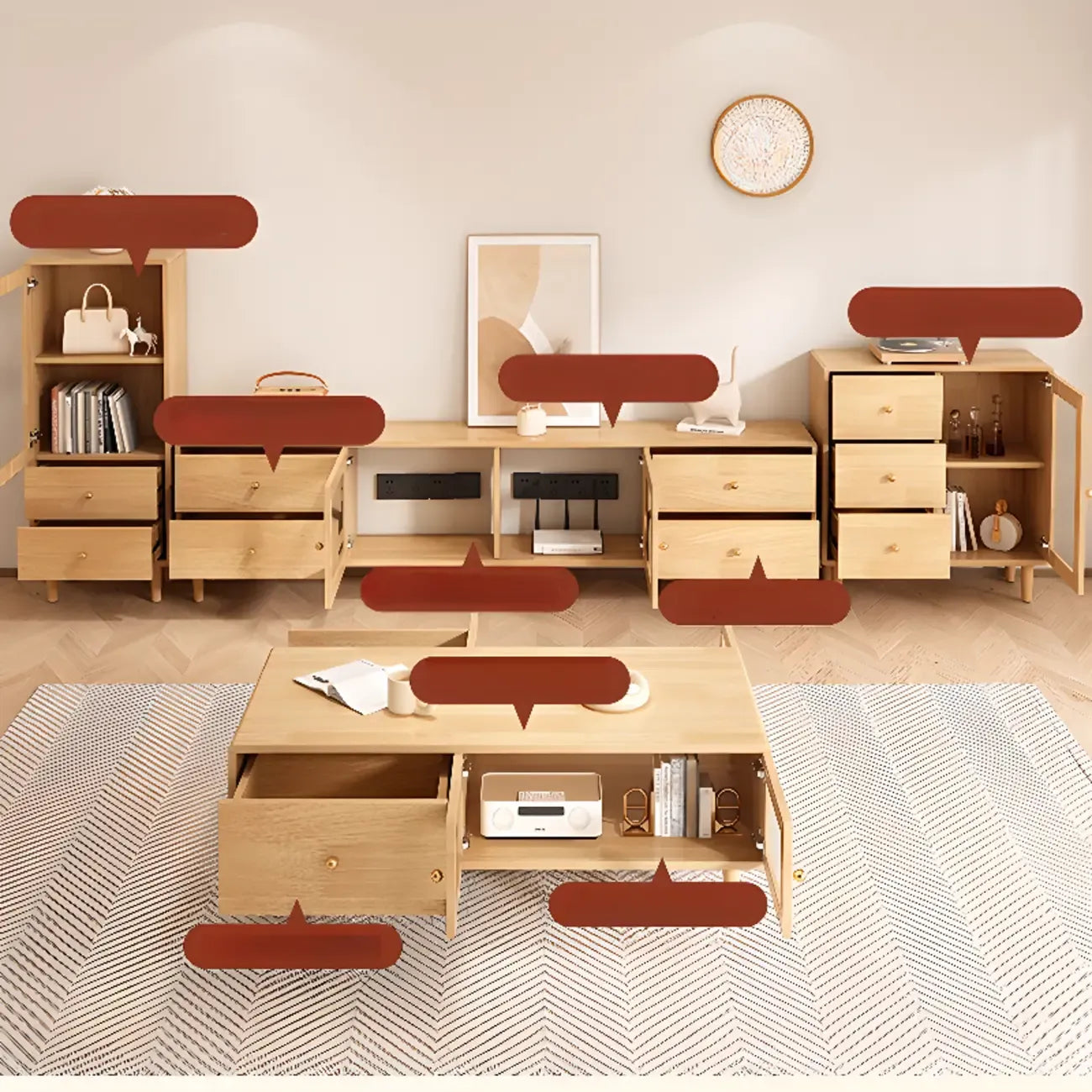 Meuble TV en bois naturel de 55 pouces avec tiroirs et gestion des câbles