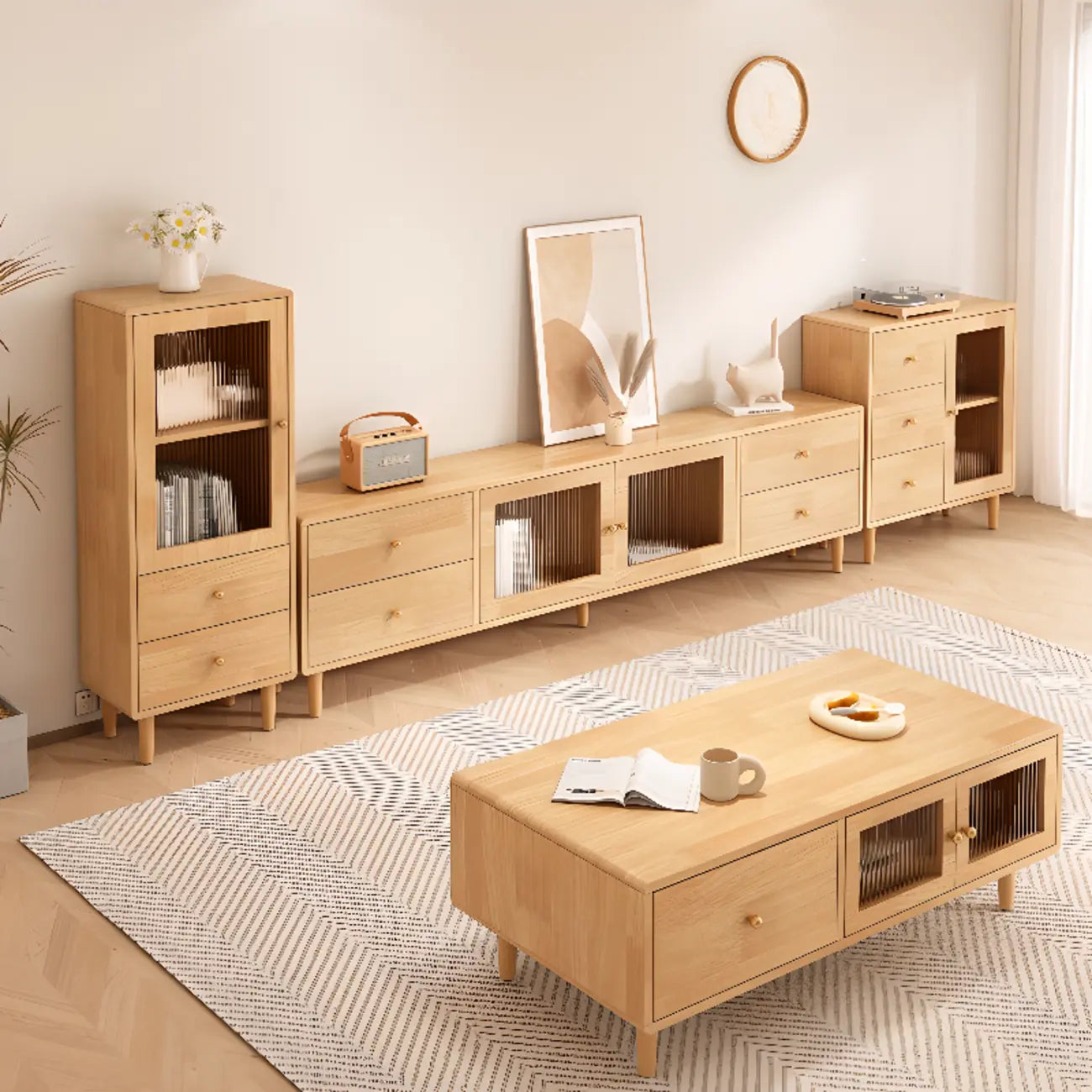 Meuble TV en bois naturel de 55 pouces avec tiroirs et gestion des câbles