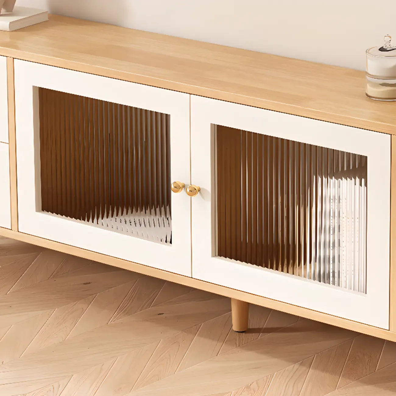 Meuble TV en bois naturel de 55 pouces avec tiroirs et gestion des câbles