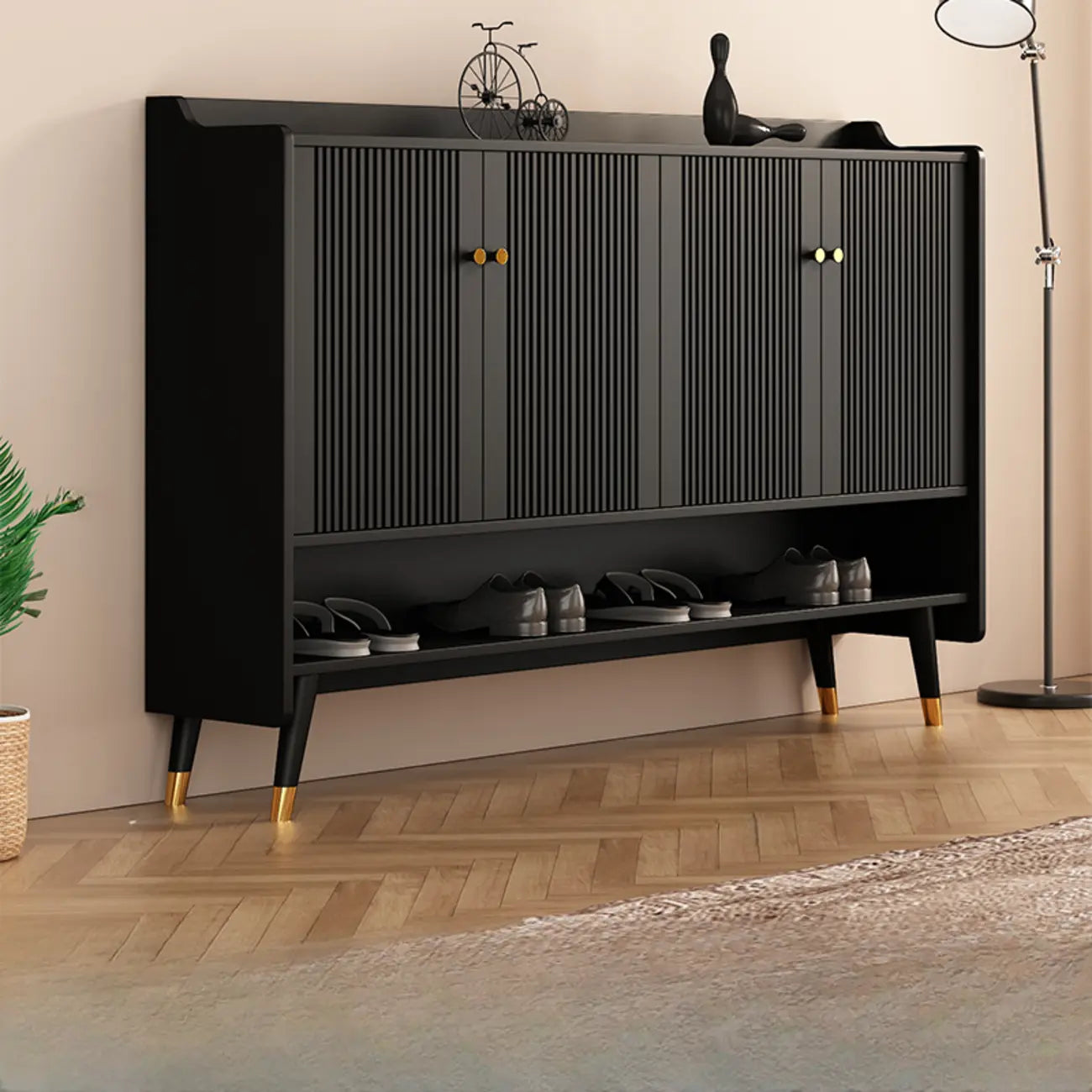 Meuble à chaussures d'entrée en bois noir avec portes