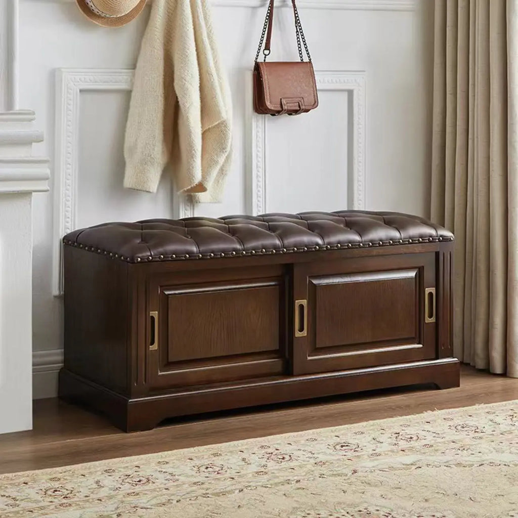 Banc de rangement à chaussures rétro en bois rembourré avec portes coulissantes