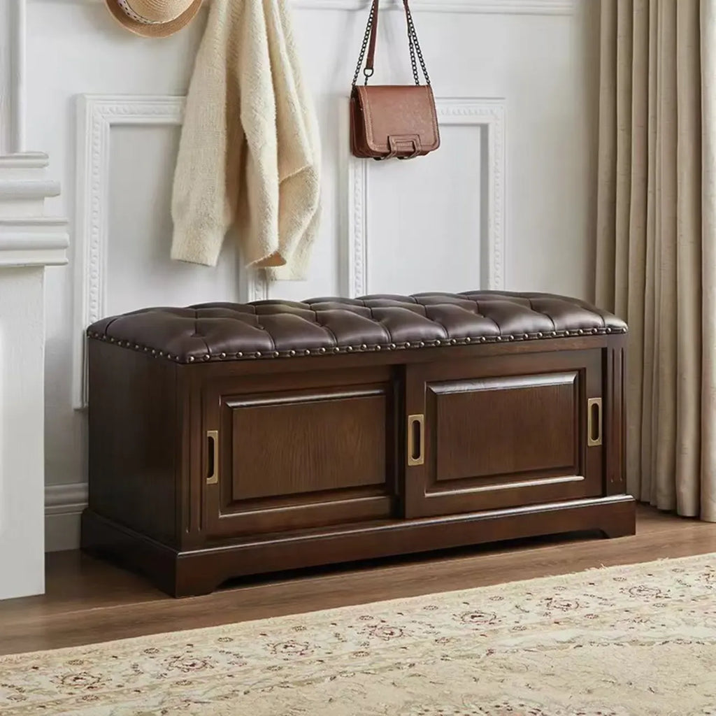 Banc de rangement à chaussures rétro en bois rembourré avec portes coulissantes
