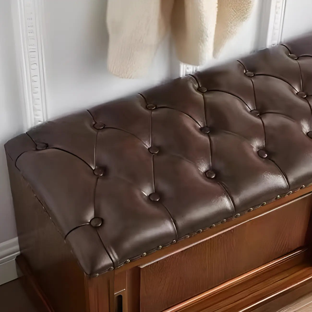 Banc de rangement à chaussures rétro en bois rembourré avec portes coulissantes