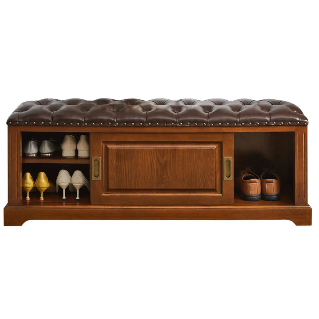 Banc de rangement à chaussures rétro en bois rembourré avec portes coulissantes