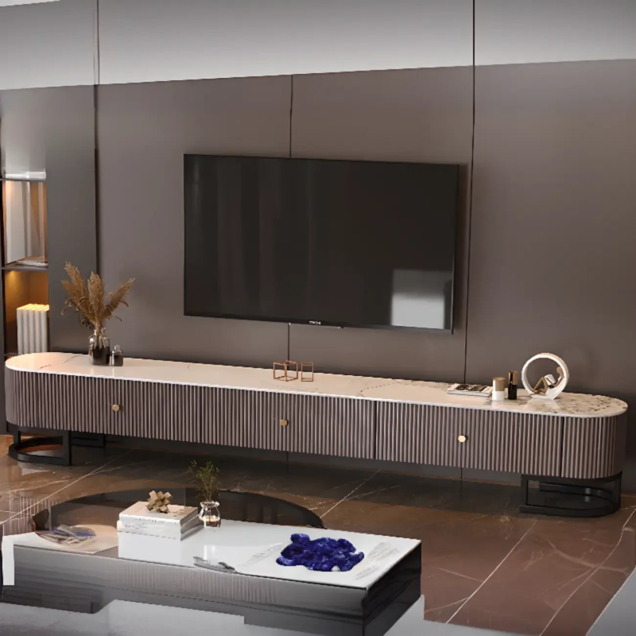 Meuble TV rectangulaire luxueux en pierre avec tiroirs pour salon