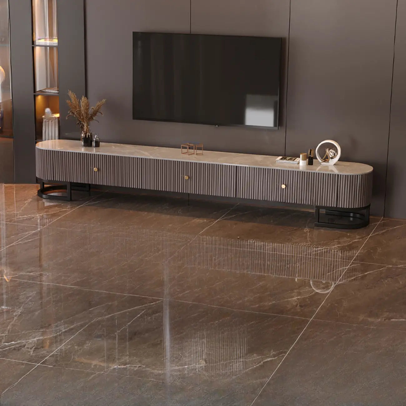 Meuble TV rectangulaire luxueux en pierre avec tiroirs pour salon