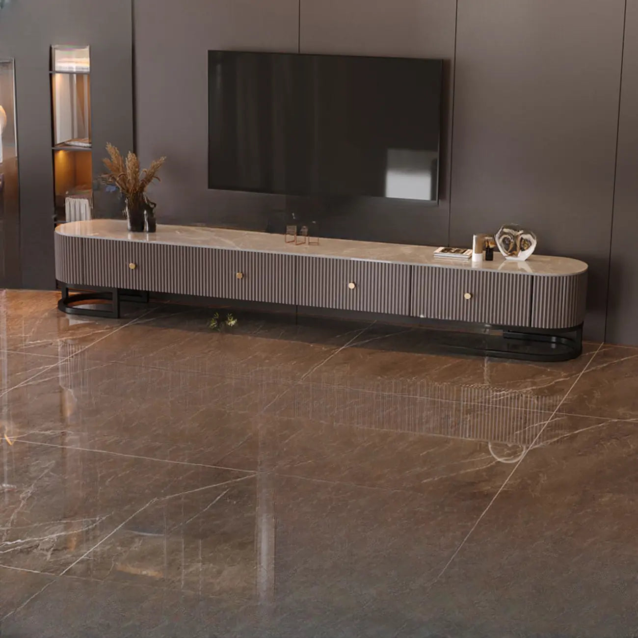 Meuble TV rectangulaire luxueux en pierre avec tiroirs pour salon