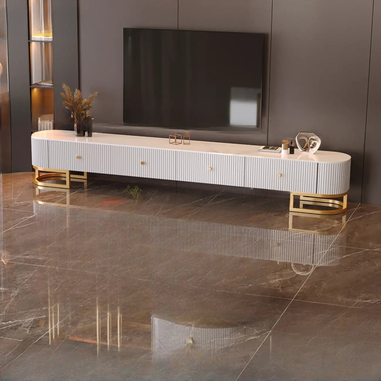 Meuble TV rectangulaire luxueux en pierre avec tiroirs pour salon