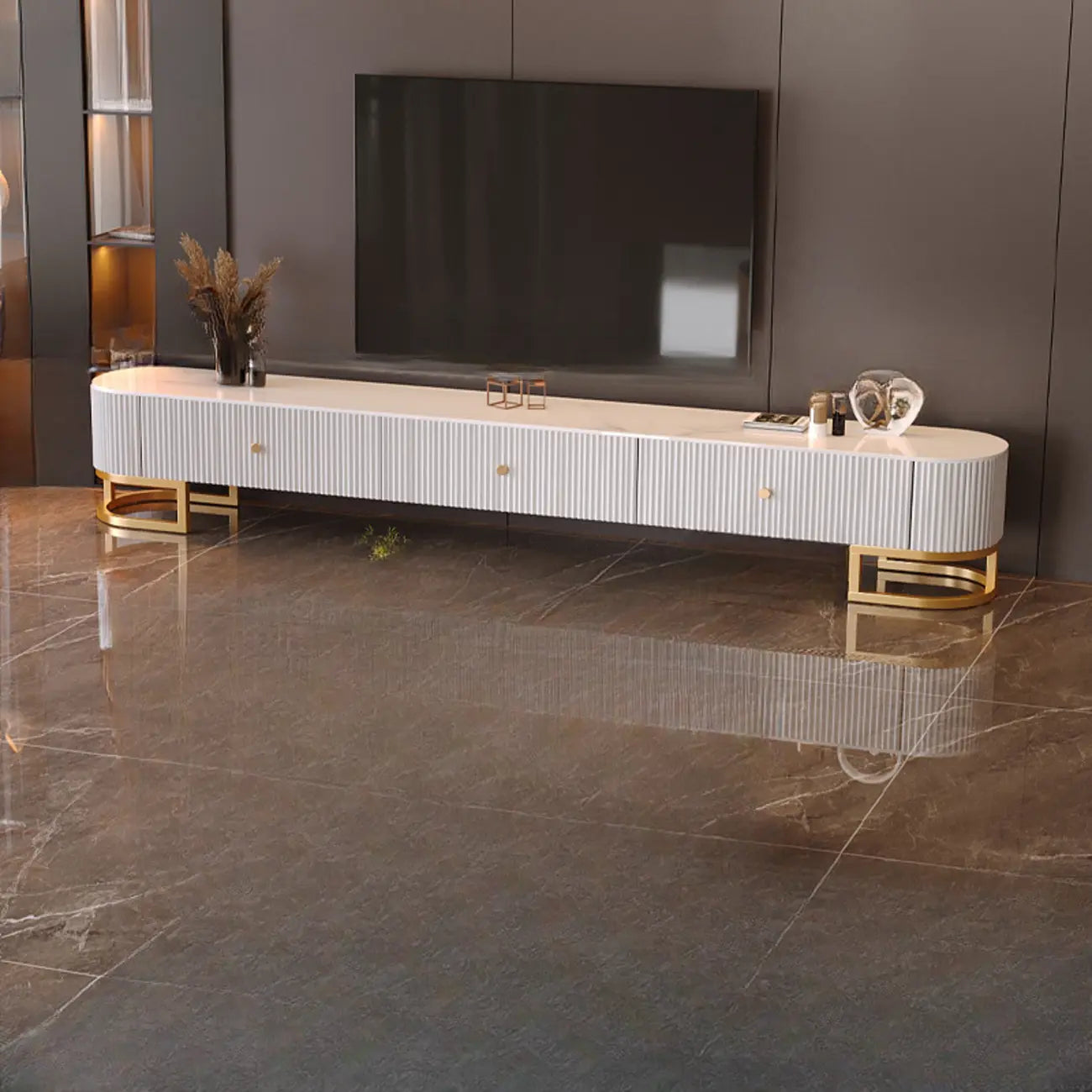 Meuble TV rectangulaire luxueux en pierre avec tiroirs pour salon